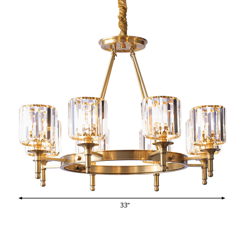 Modern Faceted Crystal Cylinder Chandelier Ceiling Pendant Light W/ 3/5/6 Bulbs In Brass Finish