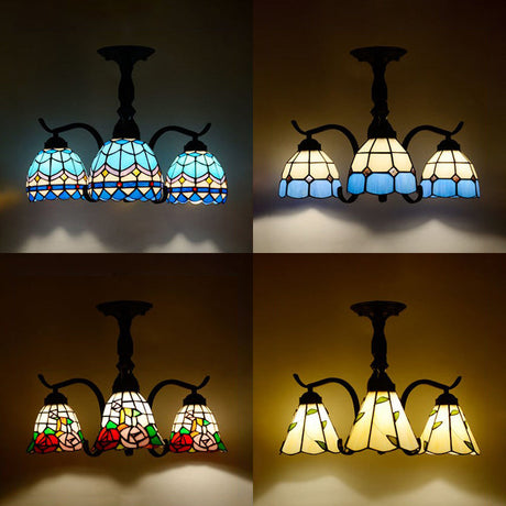 Tiffany Indoor Semi Flush Mount Ceiling Light With Stained Glass Design In Black - 3 Lights