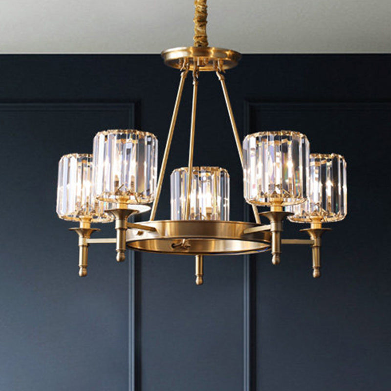 Modern Brass Faceted Crystal Cylinder Chandelier With 3/5/6 Bulbs - Ceiling Pendant Lighting 5 /