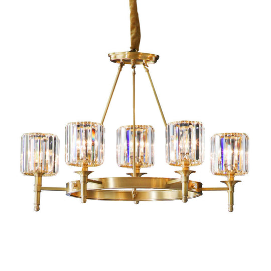Modern Faceted Crystal Cylinder Chandelier Ceiling Pendant Light W/ 3/5/6 Bulbs In Brass Finish