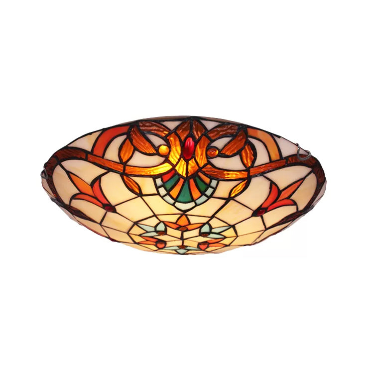 Baroque Stained Glass Ceiling Light With Jewel Decoration - Flush Mount Bowl Shade