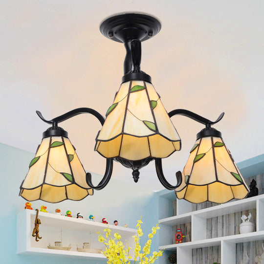 Tiffany Indoor Semi Flush Mount Ceiling Light With Stained Glass Design In Black - 3 Lights / Leaf