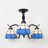 Tiffany Style Stained Glass Semi Flush Lamp - Red/Blue/Green/Blue-White 3/5 Lights Ideal For