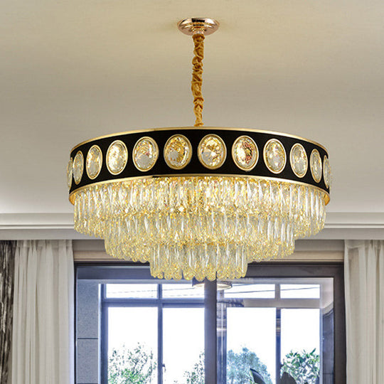 Postmodern Black And Gold Crystal Block Chandelier Lighting 3 Tiers 9/11 Heads 19.5/23.5 Wide
