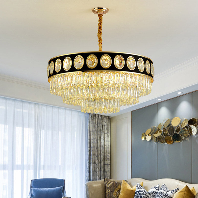 Postmodern Black And Gold Crystal Block Chandelier Lighting 3 Tiers 9/11 Heads 19.5/23.5 Wide
