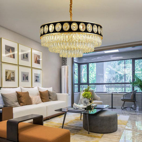 Postmodern Black & Gold 3-Tier Hanging Light Chandelier - 9/11 Heads Crystal Blocks 19.5’/23.5’ Wide