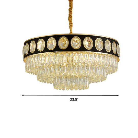 Postmodern Black & Gold 3-Tier Hanging Light Chandelier - 9/11 Heads Crystal Blocks 19.5’/23.5’ Wide