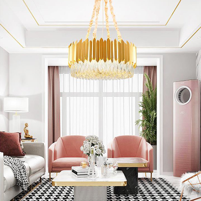 Gold Round Chandelier Lamp With Crystal Block Hangings - 19.5’’/23.5’’ Width Postmodern