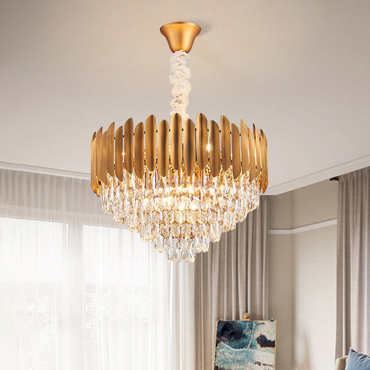 Postmodern Brass Chandelier Pendant Light - Faceted Crystal Cone Design 6/10 Heads 16’/19.5’ Wide