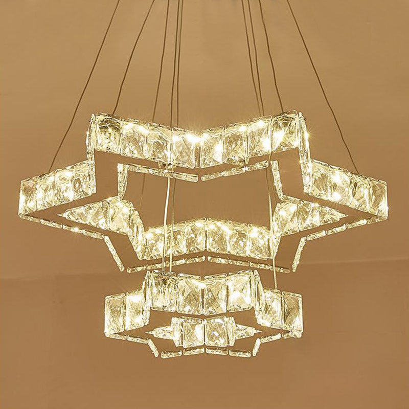 Stainless-Steel Led Ceiling Chandelier: Crystal Block Five-Pointed Star Hanging Light Warm/White/3