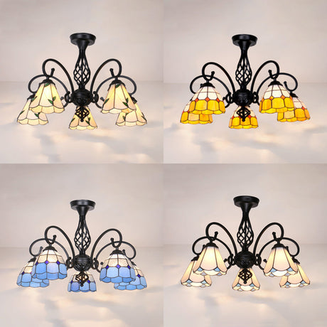 Semi Flush Tiffany Lighting With Curved Arm - Choose From 3 5 Or 6 Lights Stained Glass In White