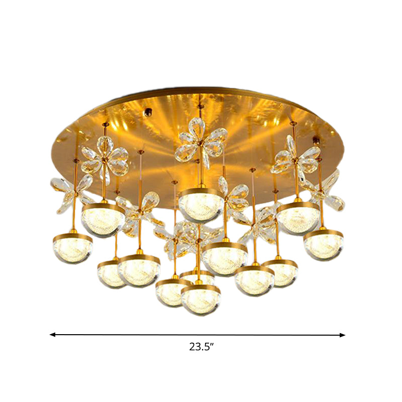 Contemporary Crystal Brass Hemisphere Ceiling Lamp 9/12 Heads 18’/23.5’ Wide