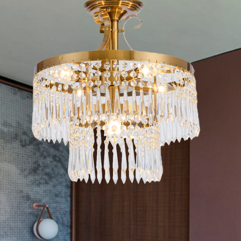2 - Layer Semi Flush Crystal Ceiling Lamp With 6 Bulbs - Modernist Cut Brushed Brass Finish