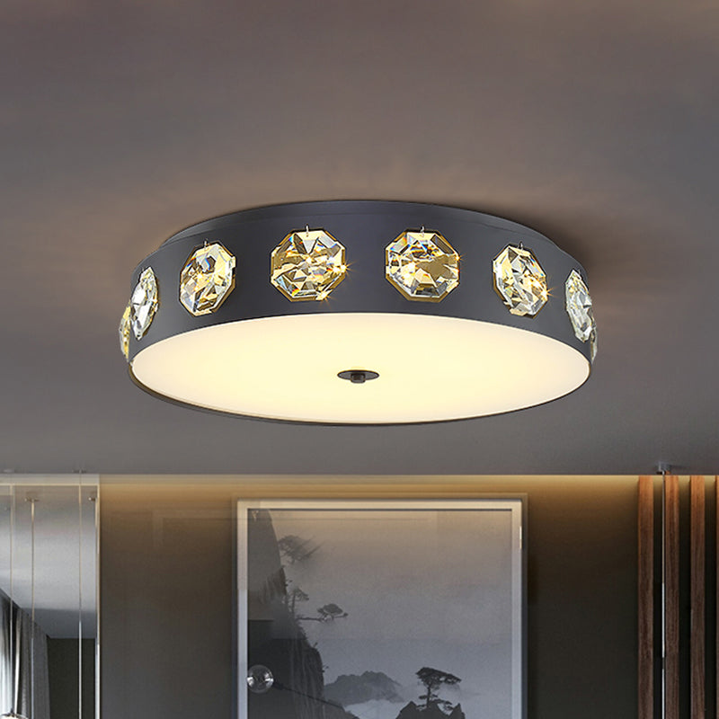 Modern Crystal Led Flush Light In Grey Drum Shape - Ideal For Living Room Ceiling 18’/21.5’ Dia