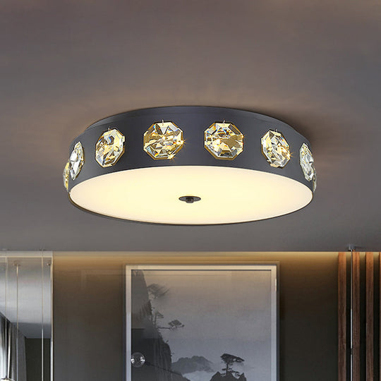 Modern Crystal Led Flush Light In Grey Drum Shape - Ideal For Living Room Ceiling 18/21.5 Dia