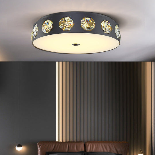 Modern Crystal Led Flush Light In Grey Drum Shape - Ideal For Living Room Ceiling 18’/21.5’ Dia