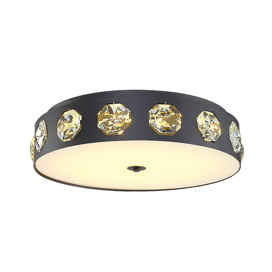 Modern Crystal Led Flush Light In Grey Drum Shape - Ideal For Living Room Ceiling 18/21.5 Dia