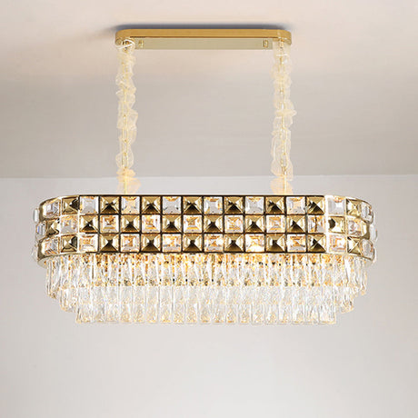 Modern Faceted Crystal Chandelier With 10 Gold Heads - Oval Suspension Lighting