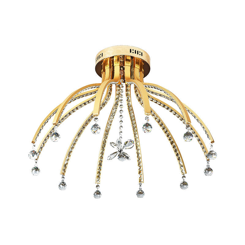Contemporary Crystal Ball Sputnik Ceiling Mount - Gold Led Semi Flush Light Fixture With 12 Bulbs