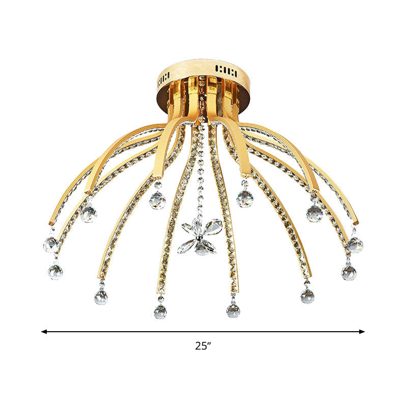 Contemporary Crystal Ball Sputnik Ceiling Mount - Gold Led Semi Flush Light Fixture With 12 Bulbs