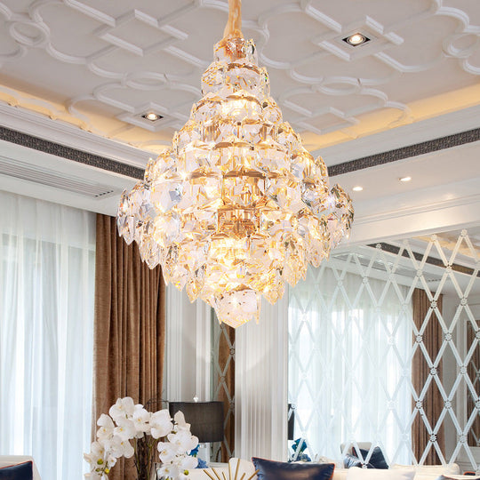 Modern Clear Crystal Glass Teardrop Chandelier - 12 Bulb Led Pendant Ceiling Light In Gold For