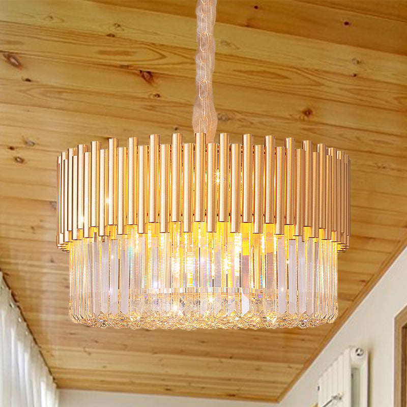 Modern 8-Head Gold Drum Chandelier: Beveled Glass Crystal Led Pendant Light For Restaurants