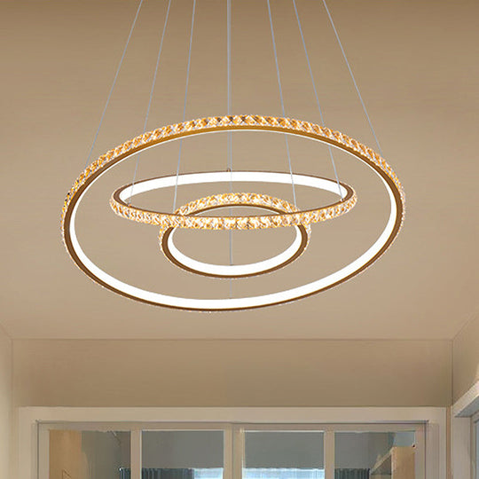 Modern Crystal Led 3-Tier Gold Chandelier With Dual Light Options / Inner Warm Outer White