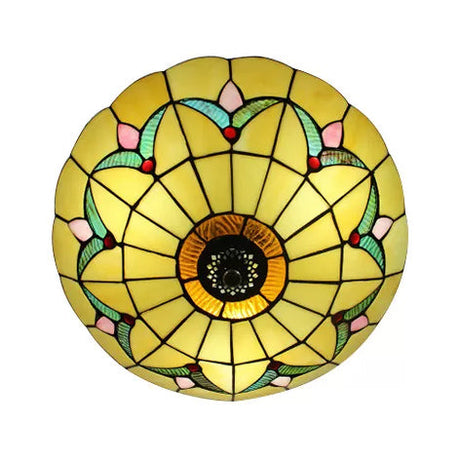 Yellow Tiffany Style Ceiling Light: Bedroom Flushmount Art Glass Bowl Shade