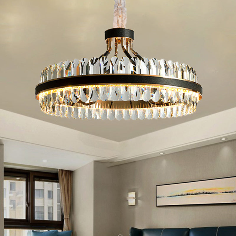 Black Led Chandelier Pendant Light With Round Beveled Crystal Shade - Stylish Living Room Lighting