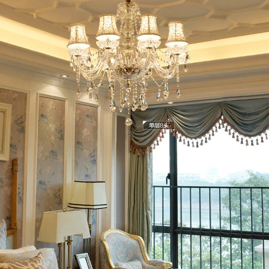 Clear Crystal Modernist Bell Ceiling Chandelier With 6/8 Bulbs - Living Room Pendant Lamp In Beige