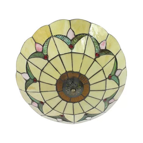 Yellow Tiffany Style Ceiling Light: Bedroom Flushmount Art Glass Bowl Shade