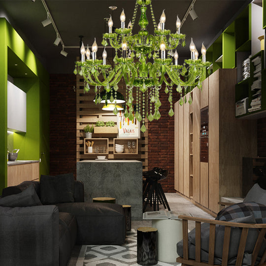 Modern Crystal Candle Chandelier - Green Pendant Lighting For Bedroom (6/18 Lights) 23’’/37.5’’ W