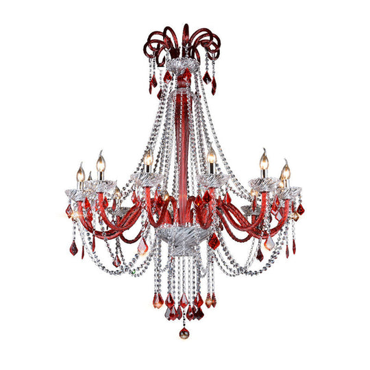 Modern K9 Crystal Candle Chandelier - Red Ceiling Pendant Light With 12 Bulbs For Balcony