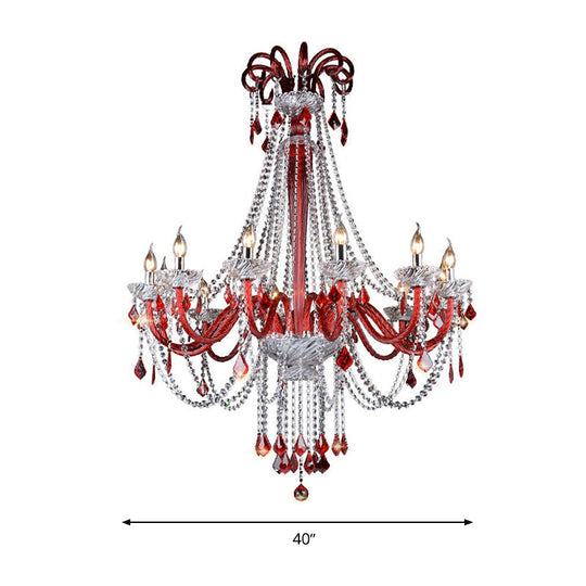 Modern K9 Crystal Candle Chandelier - Red Ceiling Pendant Light With 12 Bulbs For Balcony