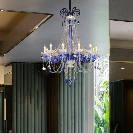 Modern Crystal Hanging Chandelier - 12 Light Blue Ceiling Lamp For Balcony
