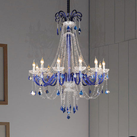 Modern Crystal Hanging Chandelier - 12 Light Blue Ceiling Lamp For Balcony