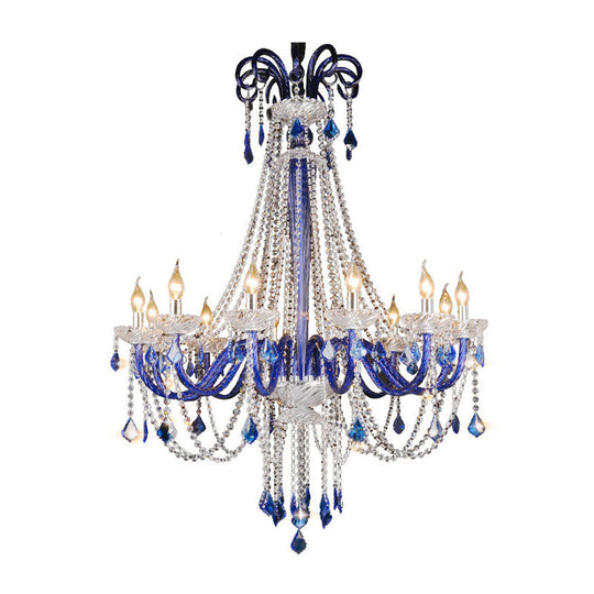 Modern Crystal Hanging Chandelier - 12 Light Blue Ceiling Lamp For Balcony
