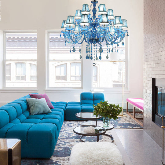 Modern Crystal Pendant Chandelier Blue Hanging Light 6/18 Bulbs Candle/Bell Design 23.5’’/37.5’’ W