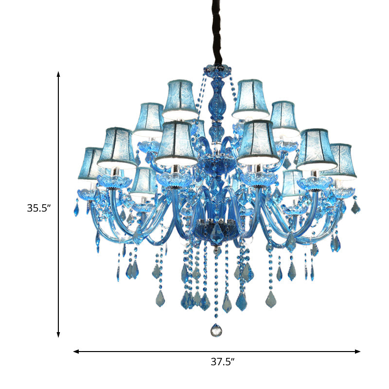 Modern Crystal Pendant Chandelier Blue Hanging Light 6/18 Bulbs Candle/Bell Design 23.5’’/37.5’’ W