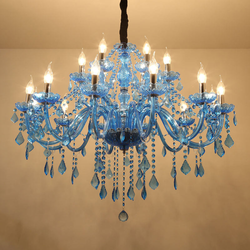 Modern Crystal Pendant Chandelier Blue Hanging Light 6/18 Bulbs Candle/Bell Design