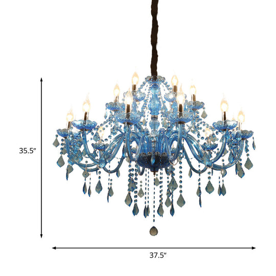 Modern Crystal Pendant Chandelier Blue Hanging Light 6/18 Bulbs Candle/Bell Design 23.5’’/37.5’’ W