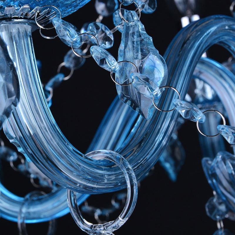 Modern Crystal Pendant Chandelier Blue Hanging Light 6/18 Bulbs Candle/Bell Design 23.5’’/37.5’’ W