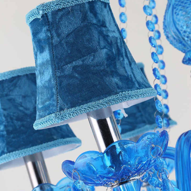 Modern Crystal Pendant Chandelier Blue Hanging Light 6/18 Bulbs Candle/Bell Design 23.5’’/37.5’’ W