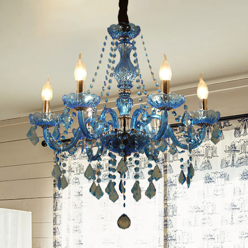 Modern Crystal Pendant Chandelier Blue Hanging Light 6/18 Bulbs Candle/Bell Design