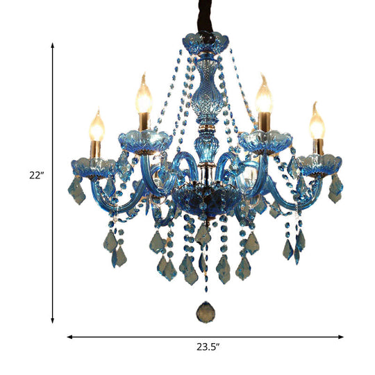 Modern Crystal Pendant Chandelier Blue Hanging Light 6/18 Bulbs Candle/Bell Design 23.5’’/37.5’’ W