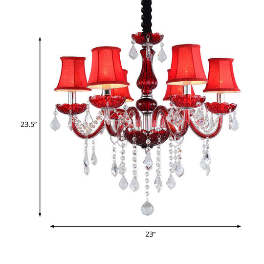 Red Modernist Flared Chandelier: K9 Crystal 6 Bulbs Living Room Pendant