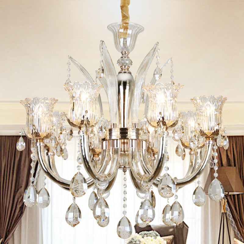 Amber Pendant Chandelier Light With Floral Clear Glass Shade - Modern Living Room Fixture 6/8-Bulb