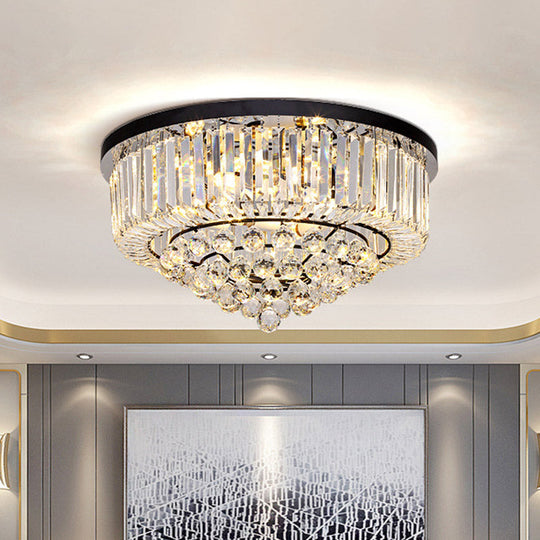 Contemporary Crystal Rod Drum Flush Mount Ceiling Light - 4/6/9 Heads Black Multiple Sizes / 14’