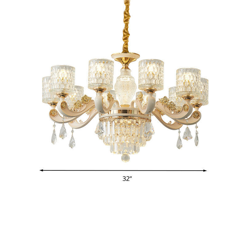 Postmodern 10 Head Dimpled Glass Pendant Light Kit In Brushed Brass