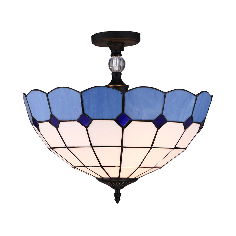 Blue Stained Glass Ceiling Light - 12’/16’ Wide Bowl Semi Flush Mount Mediterranean Style